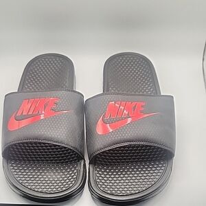 Nike Black Slides with Red Swoosh and Logo